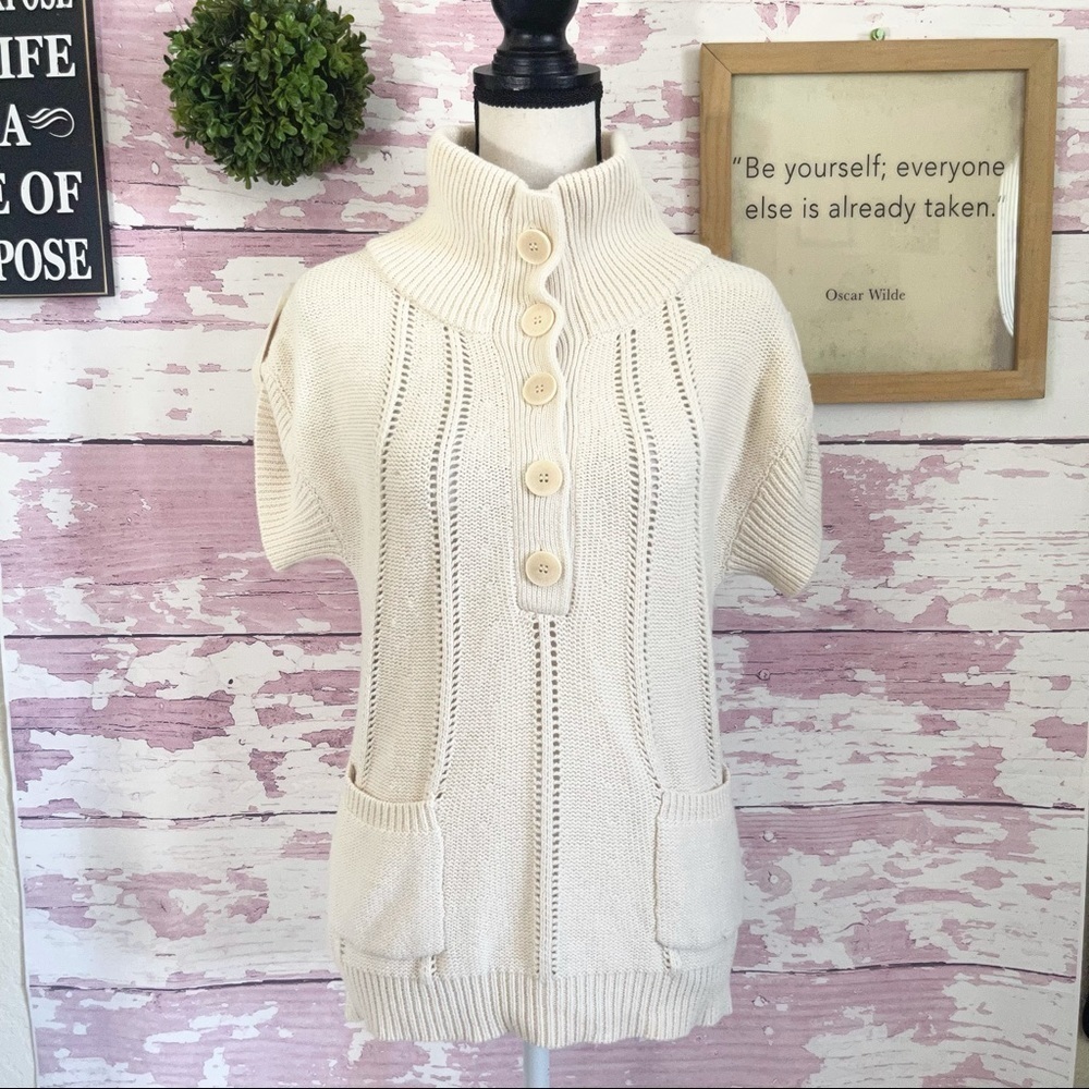 BCBGMAXAZRIA Corozo Rib Knit Wool Sweater Top XS Short Sleeve Pockets Collar